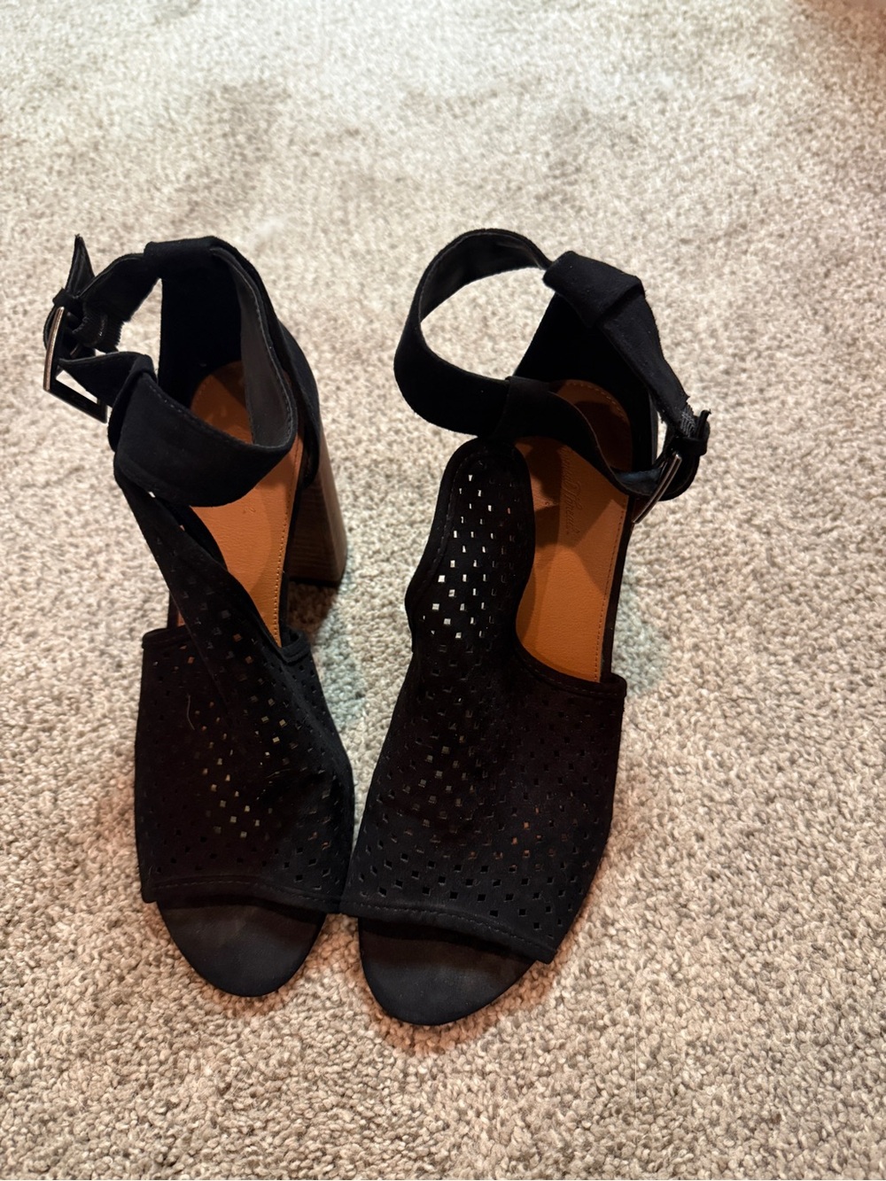 Black Open-Toe Perforated Block Heel Sandals - Women's